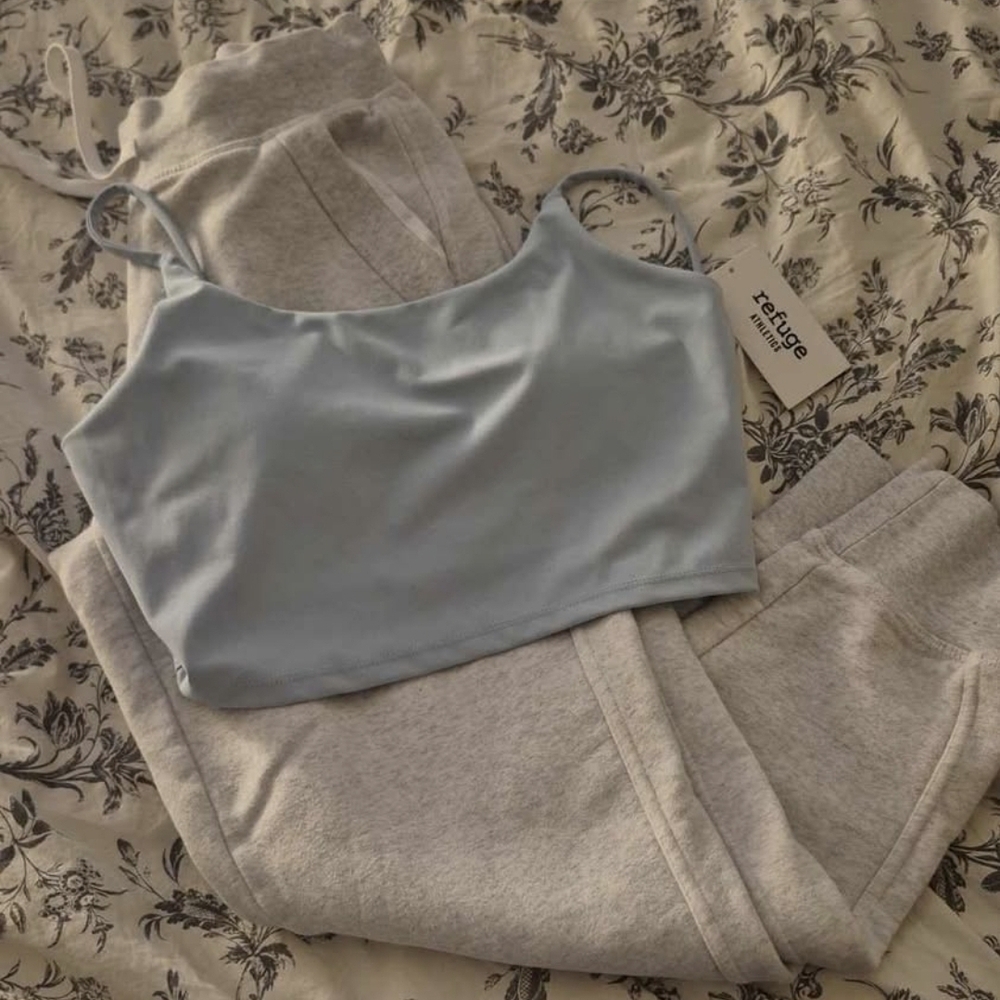 Light Blue Crop Top and Gray Sweatpants Set